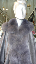 Load image into Gallery viewer, NEW SALE PRICE! Dark Grey Graphite CASHMERE CAPE with Matching Fox Trim & Detachable Hood New Spring Price!