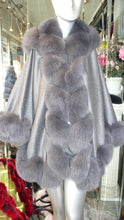 Load image into Gallery viewer, NEW SALE PRICE! Dark Grey Graphite CASHMERE CAPE with Matching Fox Trim & Detachable Hood New Spring Price!