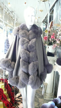 Load image into Gallery viewer, NEW SALE PRICE! Dark Grey Graphite CASHMERE CAPE with Matching Fox Trim & Detachable Hood New Spring Price!