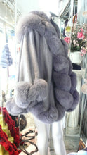Load image into Gallery viewer, NEW SALE PRICE! Dark Grey Graphite CASHMERE CAPE with Matching Fox Trim & Detachable Hood New Spring Price!