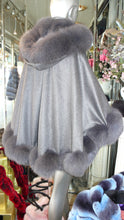 Load image into Gallery viewer, NEW SALE PRICE! Dark Grey Graphite CASHMERE CAPE with Matching Fox Trim & Detachable Hood New Spring Price!