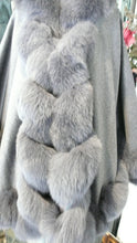 Load image into Gallery viewer, NEW SALE PRICE! Dark Grey Graphite CASHMERE CAPE with Matching Fox Trim & Detachable Hood New Spring Price!