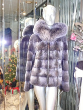 Load image into Gallery viewer, Modern Two-Tone Mink Fur Jacket with Full Fox Fur Trim Hood Dark Lavender