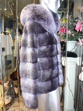 Load image into Gallery viewer, Modern Two-Tone Mink Fur Jacket with Full Fox Fur Trim Hood Dark Lavender