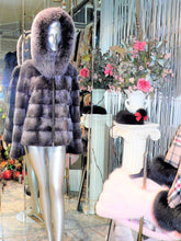 Load image into Gallery viewer, Modern Two-Tone Mink Fur Jacket with Full Fox Fur Trim Hood Dark Lavender