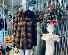 Load image into Gallery viewer, Mahogany Brown Honey Brown Two Tone Mink Fur Jacket with Hood
