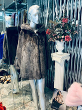 Load image into Gallery viewer, Dark Grey Graphite Mink Fur Cape with Hood Modern Warm Stylish

