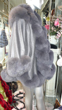 Load image into Gallery viewer, NEW SALE PRICE! Dark Grey Graphite CASHMERE CAPE with Matching Fox Trim &amp; Detachable Hood New Spring Price!
