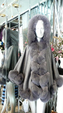 Load image into Gallery viewer, NEW SALE PRICE! Dark Grey Graphite CASHMERE CAPE with Matching Fox Trim &amp; Detachable Hood New Spring Price!

