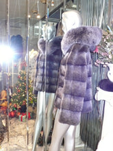 Load image into Gallery viewer, Modern Two-Tone Mink Fur Jacket with Full Fox Fur Trim Hood Dark Lavender
